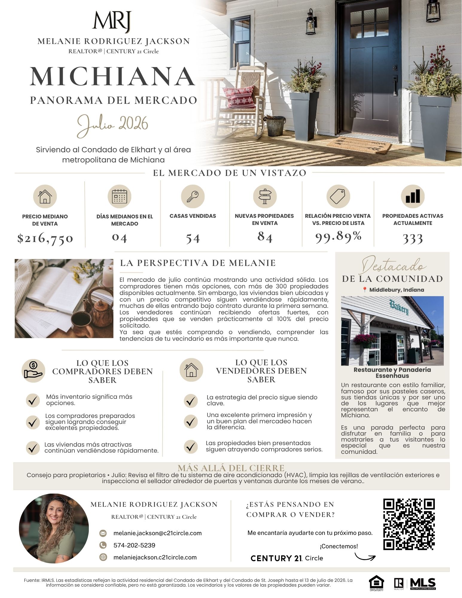 Resumen del mercado inmobiliario de julio de 2026 para los condados de Elkhart y St. Joseph con estadísticas sobre precios de vivienda, inventario y ventas.
